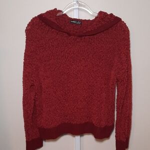 Shein Burgundy Open Weave Hoodie Sweater With Banded Cuffs And Waist
